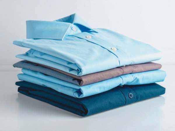 Stack of neatly folded dress shirts in light blue, gray, and dark blue on a white surface.
