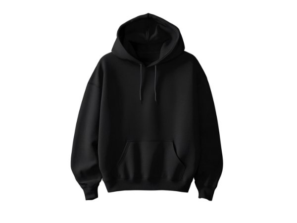 A black hoodie with a large hood and front pocket, hanging against a white background, with drawstrings.