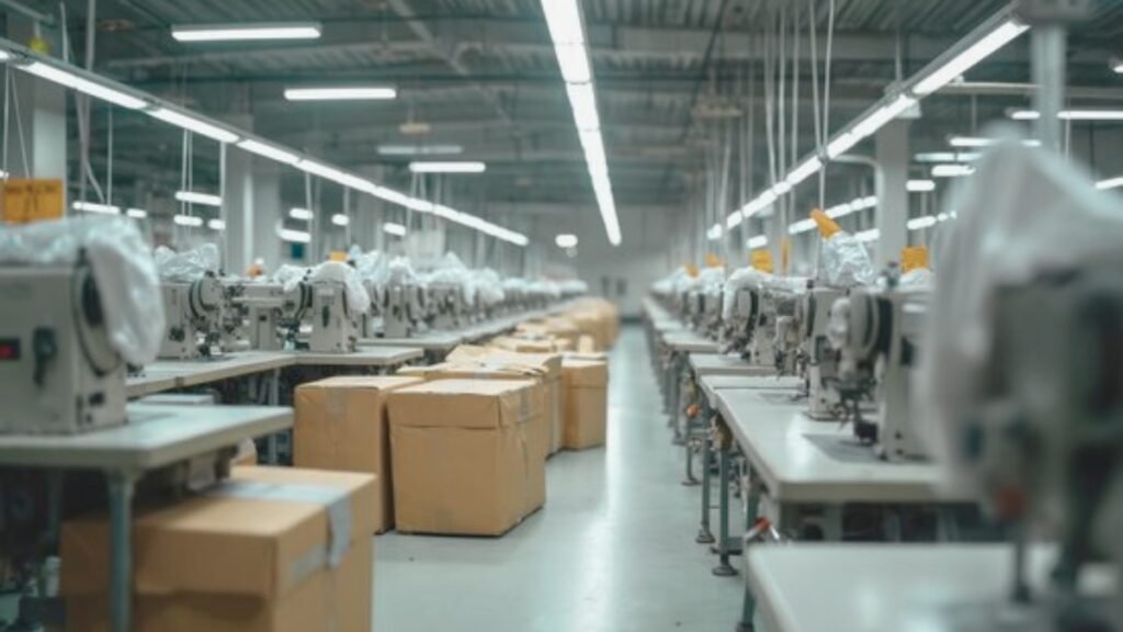 A large clothing factory interior with long rows of sewing machines on workstations and cardboard boxes stacked in the aisle, illuminated by bright fluorescent lights.
